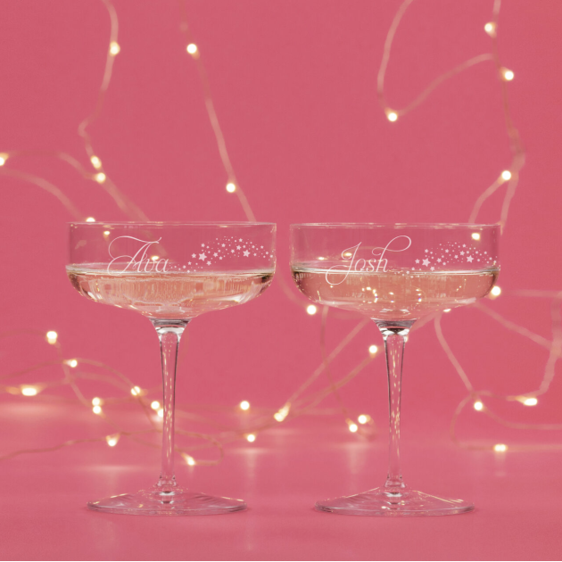 Hampers and Gifts to the UK - Send the Personalised Star Couples Champagne Coupe Glass Set